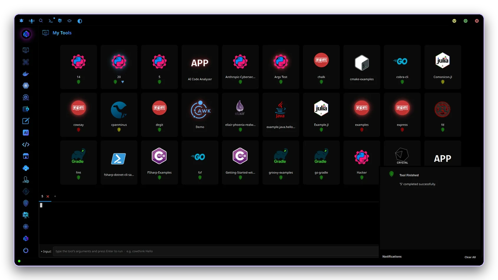The AiCodeStation workspace, every developer tool in one runnable grid