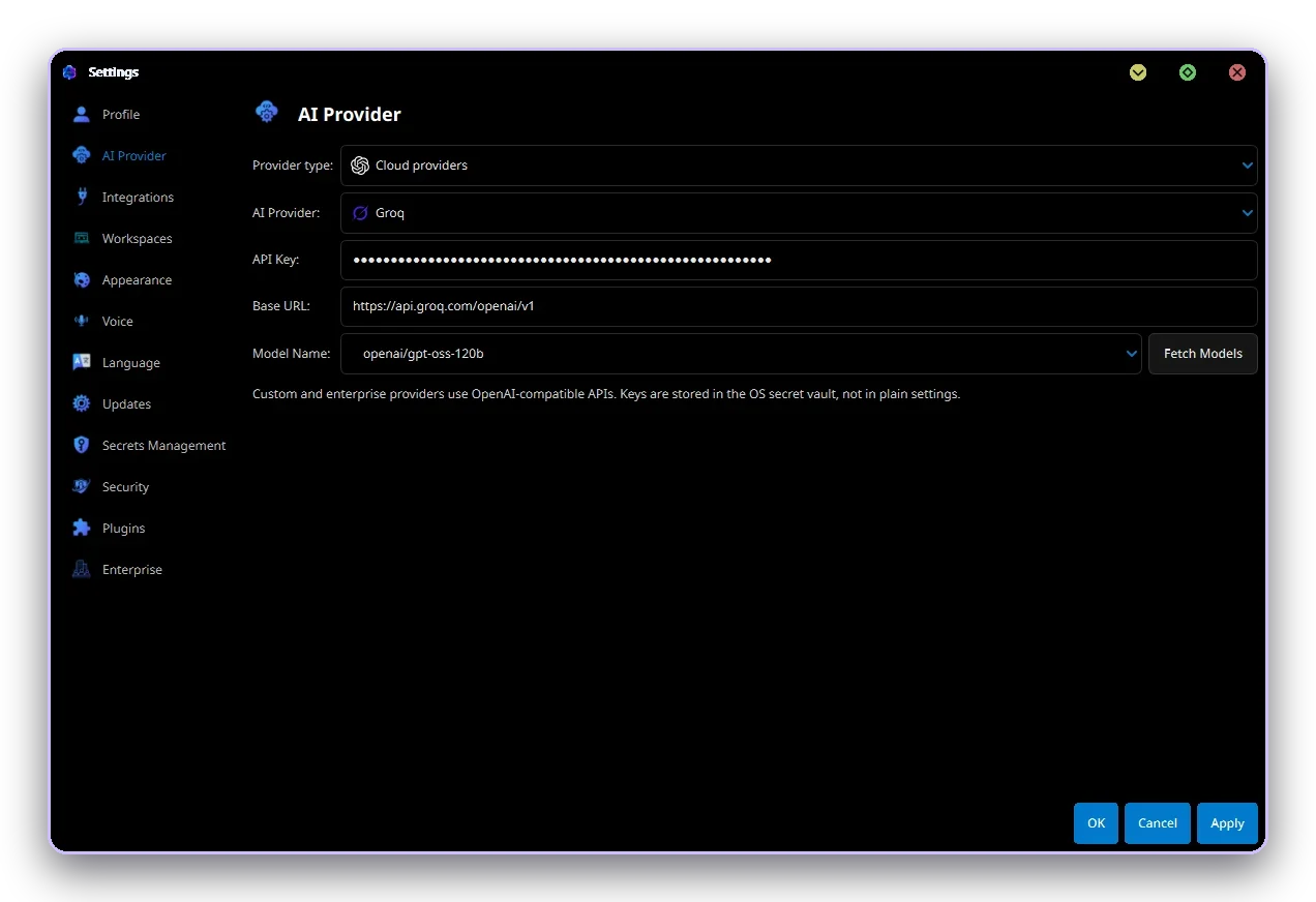 AI provider settings with the API key held in the OS vault