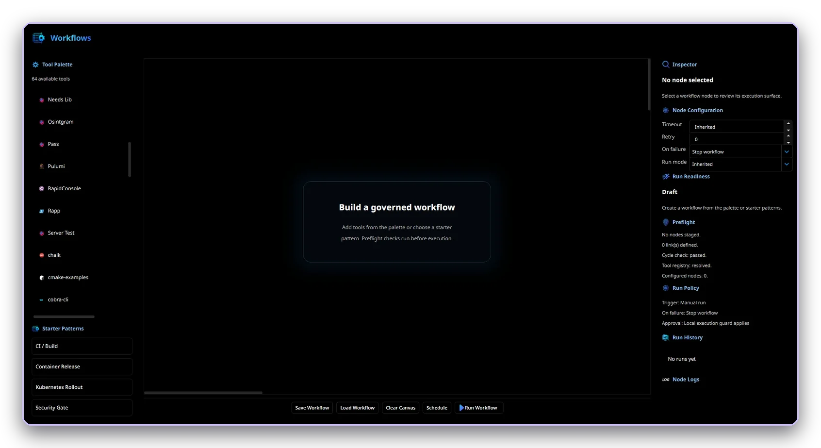 The governed workflow builder with its tool palette and inspector